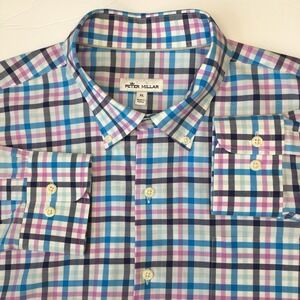 Peter Millar Men's Dress Shirt Extra Large Button Up Blue/Pink/Black Check